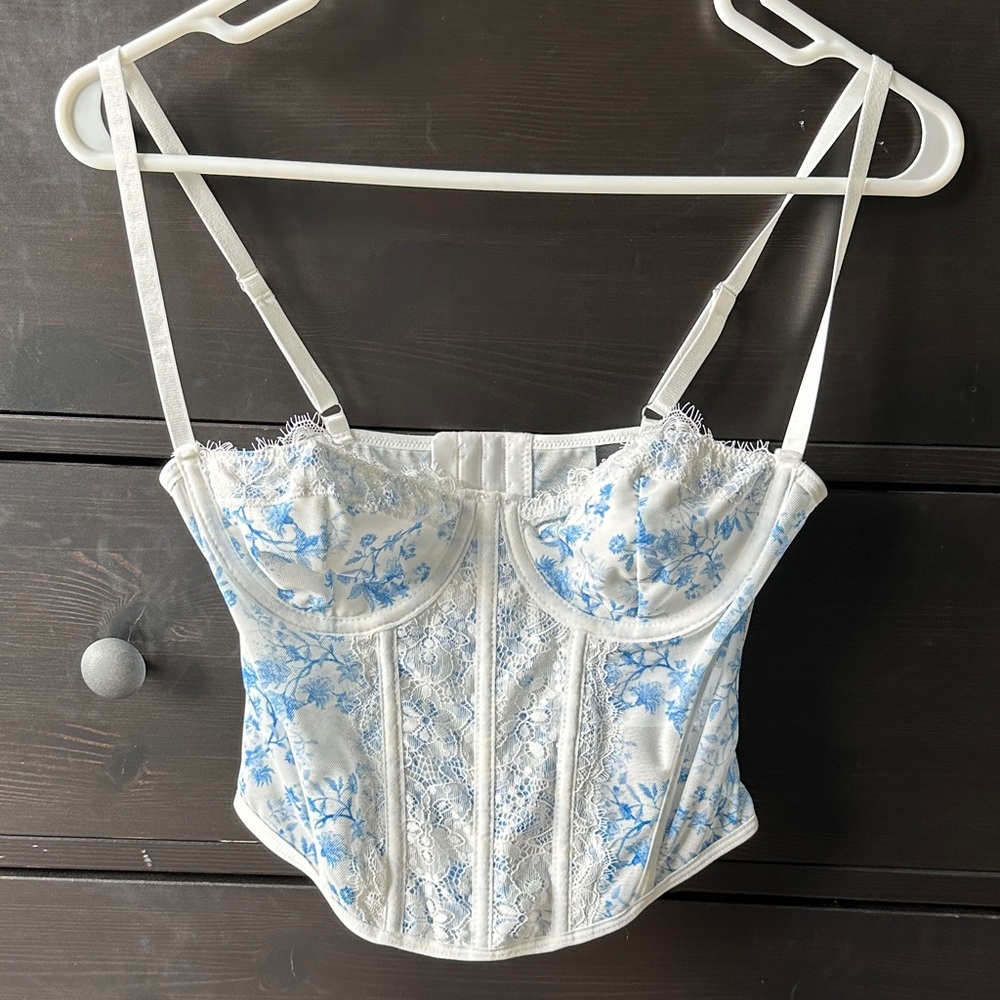 SHEIN White and Blue Lace Detail Top